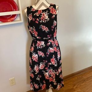 Elle black w/pink florals dress & black bow belt, size 6